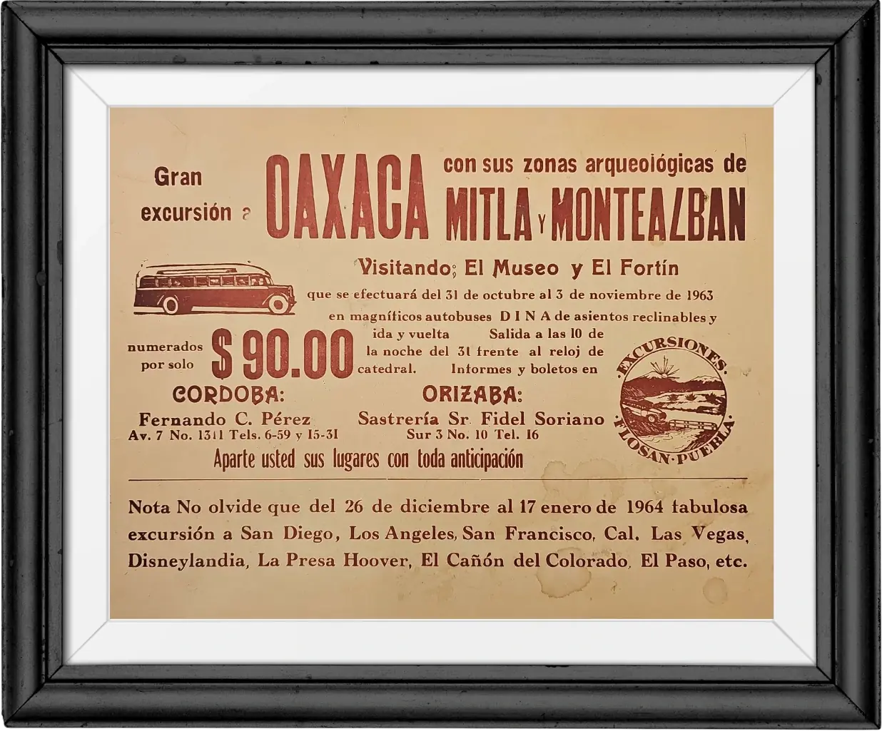 Cartel sepia «Gran excursión a Oaxaca con sus zonas arqueológicas de Mitla y Monte Albán», del 31 de octubre al 3 de noviembre de 1963, por $90.00