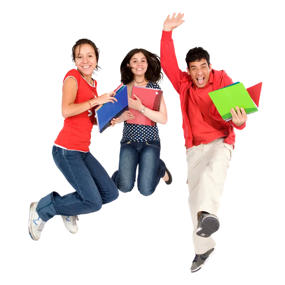 Tres estudiantes saltando con sus cuadernos